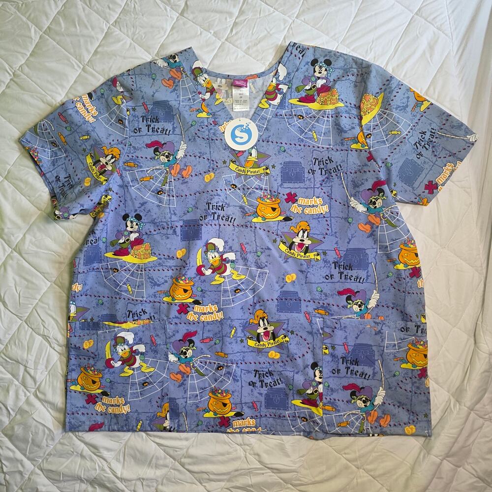Disney Mickey Mouse Halloween Scrub Top Womens 2XL Blue Short Sleeve